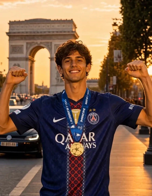 PSG fan celebrating Champions League 2026 victory wearing medal on Champs-Élysées Paris