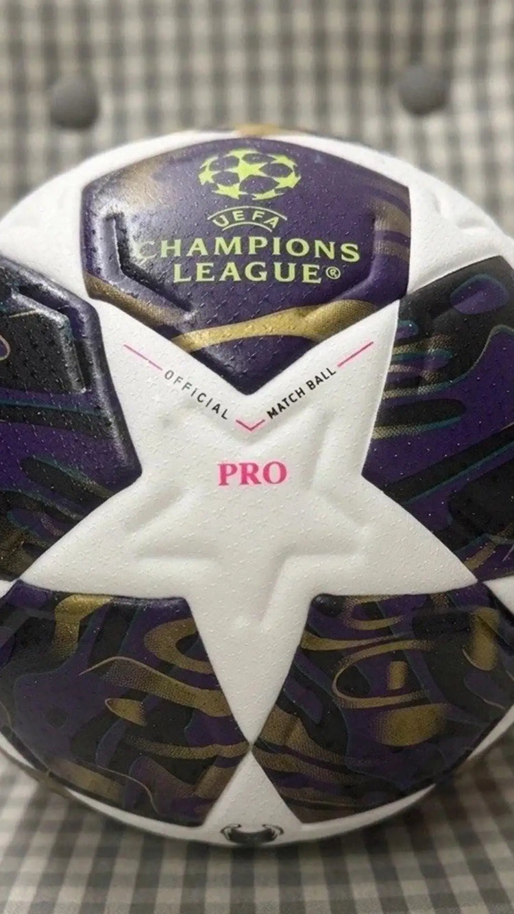 Champions League-inspired fan ball with bold star graphics and durable material, ideal for training or recreational games.
