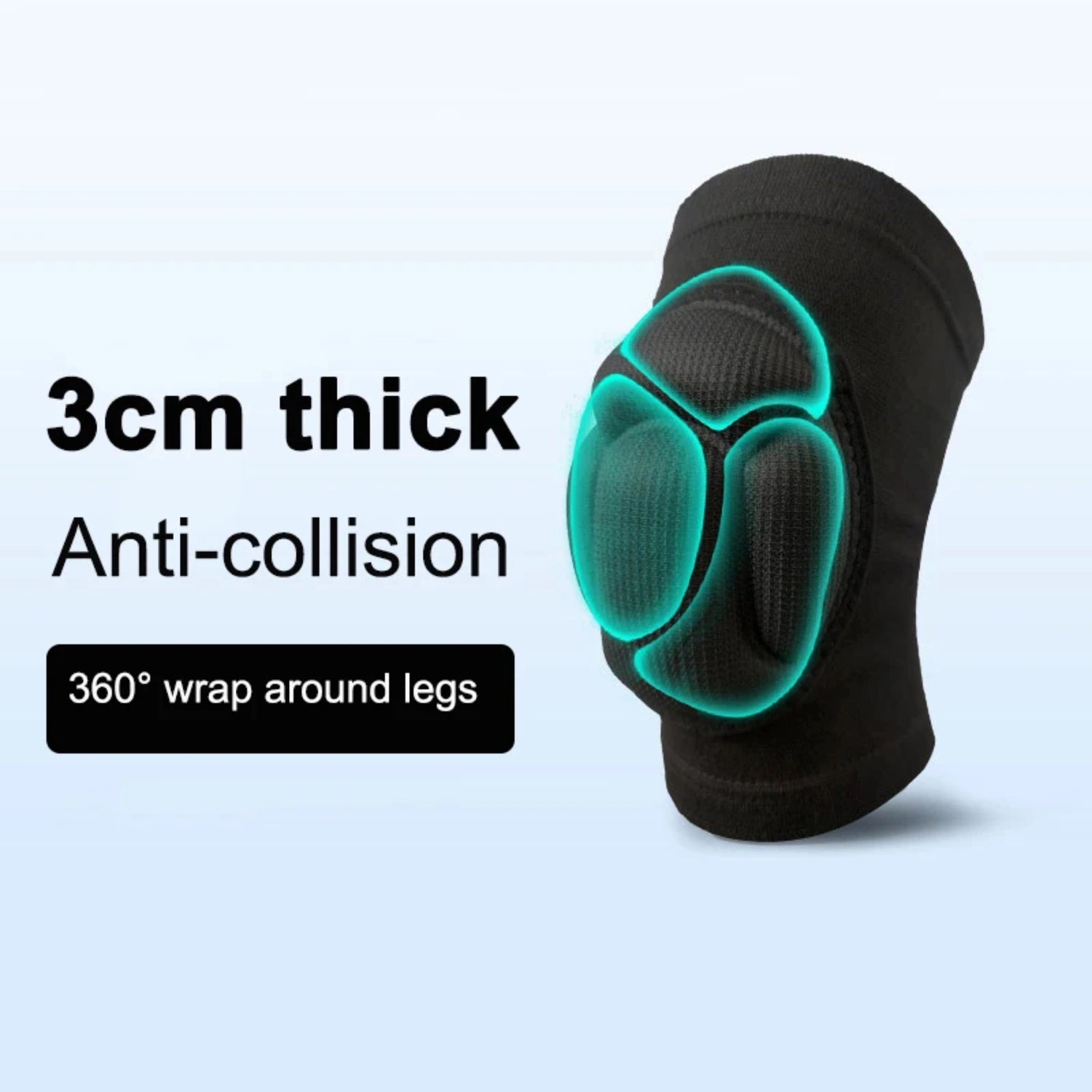 Black knee pad with green interior on a light blue background, featuring text about thickness and wrap-around design.