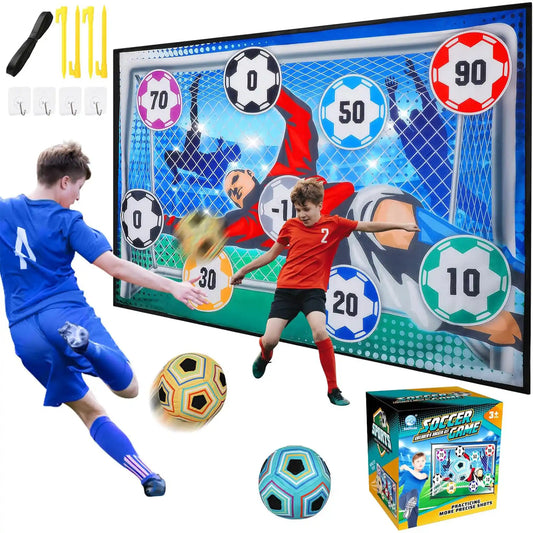 Children playing a soccer game on a screen with accessories and a box in the foreground.