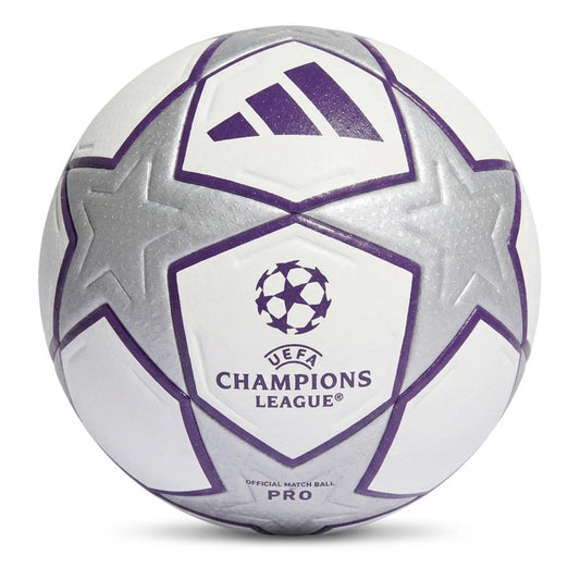 Close-up of official Champions League match ball featuring textured surface and star pattern