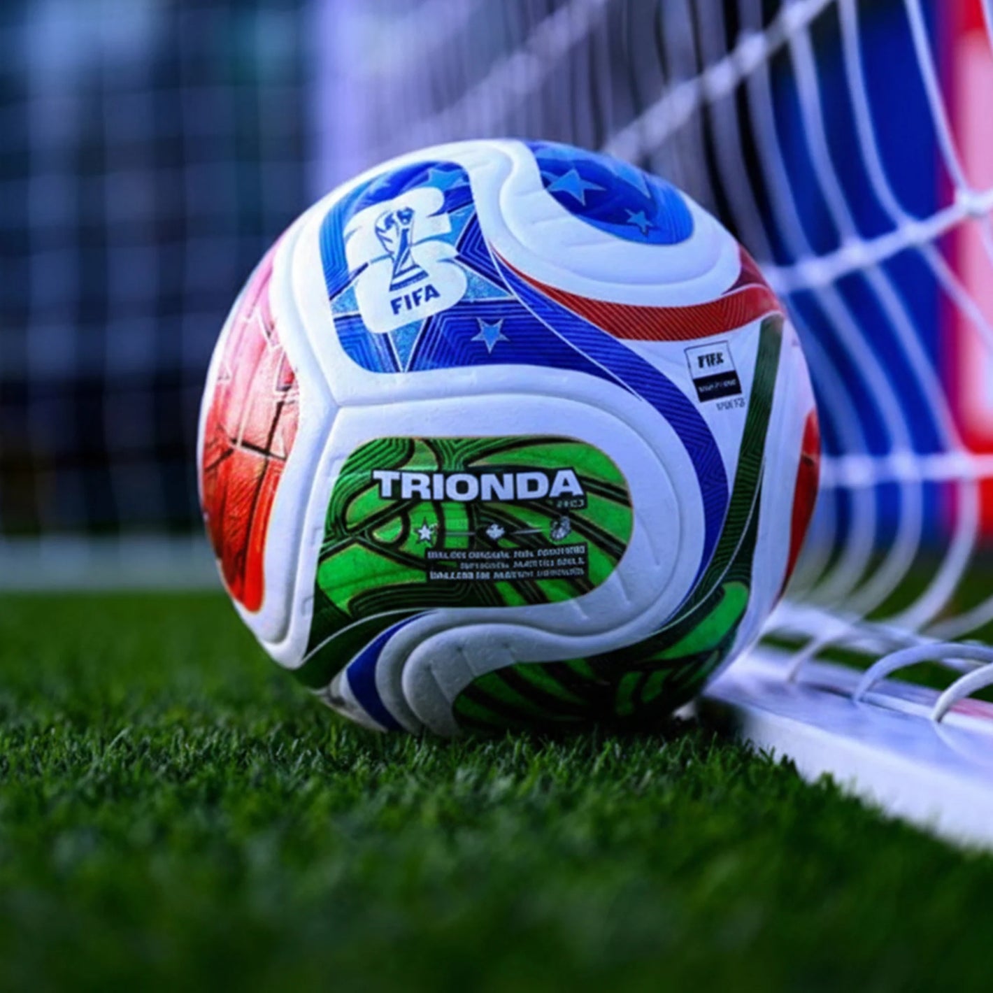 Colorful soccer ball with 'Trionda' branding on a grass field with a goalpost in the background.