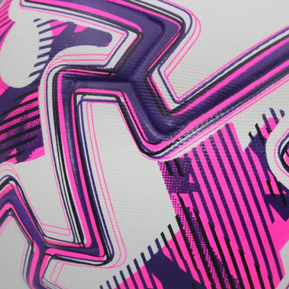 Close-up of a sports ball with pink and purple design on a white background