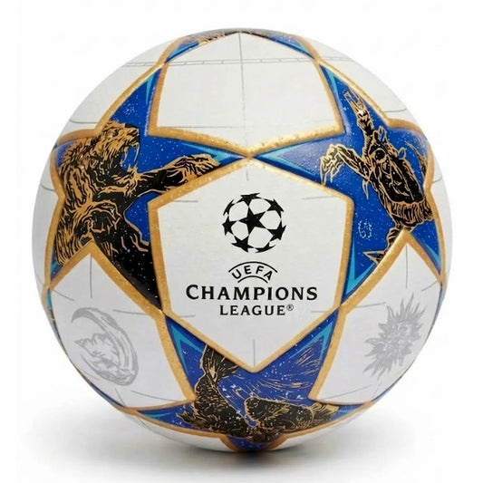 Adidas 2026 UCL Final ball featuring Budapest-inspired lion and dragon motifs with a vibrant yellow UEFA Champions League logo for high visibility.