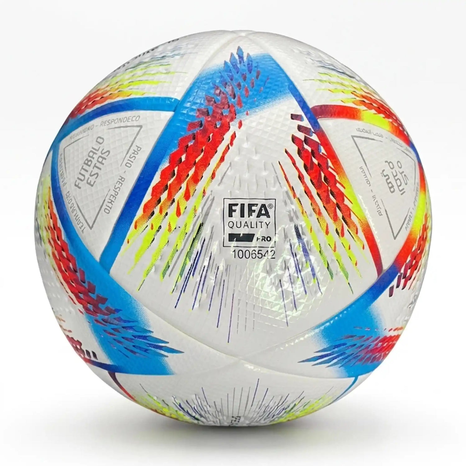 High-resolution image of Al Rihla World Cup ball with vibrant blue, red, and yellow accents