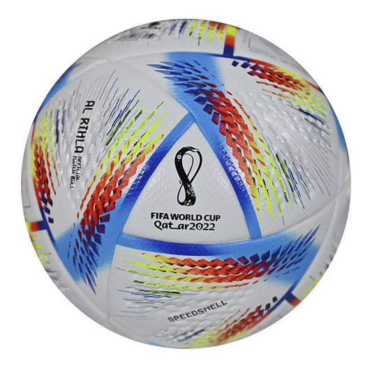 Al Rihla match ball resting on stadium field during FIFA World Cup 2022
