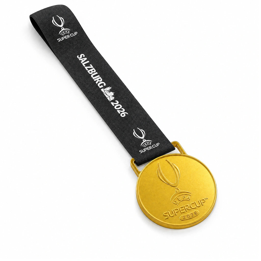 PSG 2026 medal ribbon detail white crest print on black satin